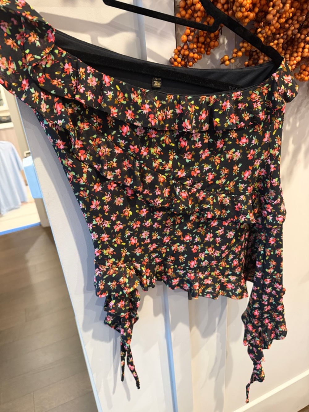 AFRM Black One-Shoulder Pink Floral Ruffle Cami - Picture 2 of 4